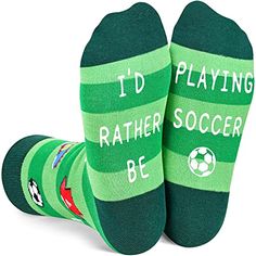 BOYS SOCKSBoys soccer socks 6-8 years old. This pair of boy funny socks on the bottom sewn a hidden message: I’D RATHER BE PLAYING SOCCER. Green kids soccer socks are printed with Soccer, soccer shirt, soccer shoes, soccer goal and other necessary items for playing soccer. It’s a perfect gift for kids who like playing soccer.SIZE & PACKINGKids non slip socks boys. 1 pair of soccer socks boys comes in one zipper bag. L: Fit for Shoe Size 12-5(Youth)/7-10 Years Big Kids.QUALITY MATERIALBoys no Comfortable Non-slip Socks For Playtime, Comfortable Green Socks For Gifts, Comfortable Green Socks For Gift, Playful Green Socks For Stocking Stuffers, Comfortable Green Socks As Gift, Green Anti-odor Sports Socks, Cute Green Socks For Stocking Stuffers, Comfortable Green Anti-odor Socks, Comfortable Anti-odor Green Socks