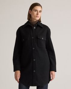 Our 100% Merino Wool Long Shirt Jacket is your perfect go-to style as the temperature starts to drop. Expertly tailored with boiled merino wool, this shirt jacket - shacket - has the relaxed silhouette of a shirt, but provides the warmth of a jacket. With an intentionally oversized look, it's perfect for layering and made to throw on over any outfit with ease.  | Quince | Women's 100% Merino Wool Long Shirt Jacket in Black, Size Medium Classic Black Winter Shacket, Classic Black Shacket For Winter, Winter Wool Shacket With Button Closure, Winter Wool Shacket With Lapel Collar, Classic Winter Shacket For Workwear, Winter Wool Button-up Shacket, Wool Button-up Shacket For Winter, Black Wool Outerwear For Everyday, Black Winter Workwear Shacket