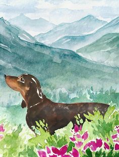 a painting of a dachshund in the mountains