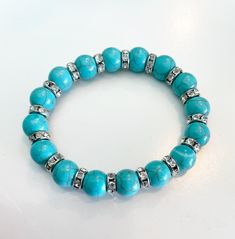 Stretch turquoise & Rhinestone bracelet Stretch Beaded Bracelets Diy, Shambala Bracelet, Jewelry Making Business, Bracelet Keychains, Gems Bracelet, Beads Bracelet Design, Bracelet Design, Beaded Bracelets Diy, Rhinestone Bracelet