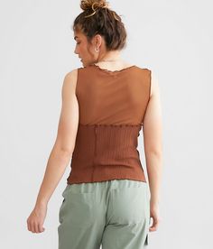 Gilded Intent Patchwork Rib Knit Tank Top - Brown X-Large, Women's Brownpatina Fitted high neck mesh inset tank Lettuce trim Bust measures 28 1/2 on size small Body length 20 1/2 on size small. Self: 92% Cotton 8% Spandex. Mesh: 95% Polyester 5% Nylon. Hand wash cold water. Do not bleach. Lay flat to dry. Low iron if needed.. Measurements: Bust -Fullest part of bust with arms at sides. Waist -Circumference of natural waist: above belly button below rib cage. Hips -Standing with feet together ful Sheer Fitted Mesh Tank Top, Fitted Sheer Mesh Tank Top, Fitted Sleeveless Mesh Top, Casual Style, Fitted Sleeveless Mesh Top Casual, Stretch Sleeveless Mesh Top For Layering, Sheer Sleeveless Mesh Top For Layering, Fitted Tank Mesh Top For Spring, Fitted Mesh Tank Top For Spring, Fitted Sleeveless Knit Top For Layering