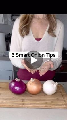 a woman is cutting onions on a cutting board with the words 5 smart onion tips