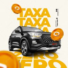 an advertisement for a new car that is being used as a taxi, with orange circles around it