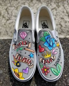 Custom White Leather Vans, Custom Vans Slip On, Custom Slip On Vans, Doodle Shoes, Hand Painted Vans, Wedding Vans, Painted Shoes Diy, Painted Canvas Shoes, Painted Vans