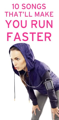 a woman wearing headphones and running gear with the words you run faster on it