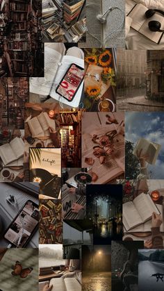 a collage of many different pictures including books, papers and other things in them