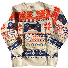 Nwt Boy’s Gamer Version “Ugly” Sweatshirt. Playful Multicolor Winter Sweatshirt, Playful White Winter Sweater, Fun Multicolor Sweatshirt For Winter, Fun Multicolor Winter Sweatshirt, Fun White Sweatshirt For Winter, Fun Winter Sweater With Graphic Print, Fun Graphic Print Winter Sweater, Playful White Cotton Sweater, Playful White Sweater With Graphic Print