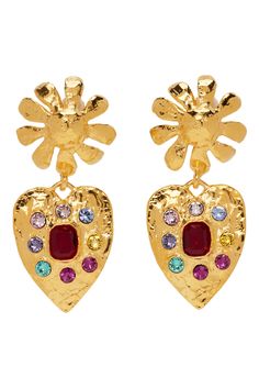 Gold Tropicana Clip-On Earrings by Mondo Mondo on Sale Gold Heart Necklace, Accessories Jewelry Earrings, Red Glass, Cut Glass, Jewelry Branding, Crystal Earrings, Jewelry Care, Stones And Crystals, Clip On Earrings