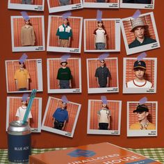 a collage of photos with people wearing hats and sweaters on them next to a can of blue tart