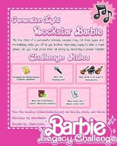 an advertisement for the celebration of rock star barbie challenge rules, with music notes on it