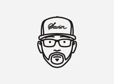 a black and white drawing of a man wearing glasses, a baseball cap with the word glauon on it