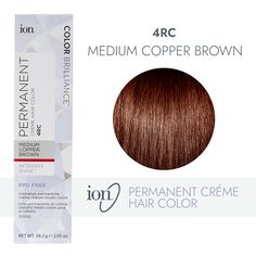 ion Color Brilliance Permanent Creme Hair Color utilizes pure ionic micro pigments for deeper, more intense color. Ion 4RC Medium Copper Brown Permanent Creme Hair Color | Brunette | 2.05 oz. | Sally Beauty Ion Hair Color Chart, Medium Copper Brown, Hair Color Brunette, Auburn Red Hair Color, Ion Hair Colors, Brown Auburn Hair, Brown Hair Color Chart, Copper Brown Hair Color, Copper Brown Hair