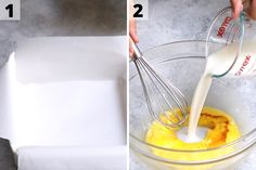 two pictures showing how to make an egg mixture