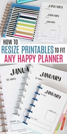 a planner with the title how to resize printables to fit any happy planner