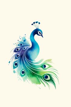 a painting of a peacock with blue and green feathers on it's tail, against a white background