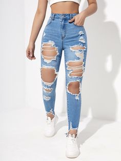 Light Wash    Denim Plain Skinny Embellished High Stretch  Women Denim Cute Ripped Jeans, Ripped Jeans Women, Ripped Jeans Outfit, Matcha Smoothie, Womens Ripped Jeans, Look Jean, Cute Pants, Denim Pants Women, Outfit Jeans