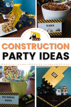 construction birthday party with lots of food and decorations