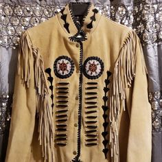 Suede Leather Indian Fringe Beaded Coat Jacket With Bone Silver Hand Beaded Leather Lacing. Traditional Embellished Outerwear For Fall, Long Sleeve Beaded Fringe Festival Outerwear, Fitted Outerwear With Beaded Fringe For Fall, Fitted Beaded Fringe Outerwear For Fall, Leather Lacing, Fringe Jacket, Bead Leather, Hand Beading, Suede Leather