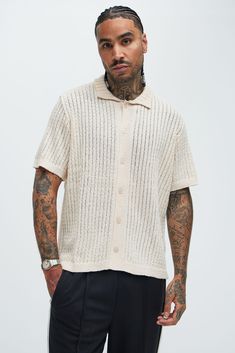 Available In Cream. Fold Down Collar Front Button Closure Short Sleeve 60% Polyester, 40% Acrylic Imported | Mens Perez Stripe KniT-Shirt in Cream size XL by Fashion Nova Knitted Shirts Men, Cream Fashion, Mens Button Up, Men's Knit, Knit Shirt, Outfit Idea, Striped Knit, Shirt Men, Collar Shirts