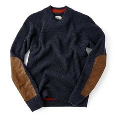 A warm and well-made sweater with a tried-and-true style Casual Wool Sweater For Outdoor, Cozy Outdoor Sweater, Cozy Sweater With Ribbed Cuffs For Outdoor, Flint And Tinder, Patch Sweater, Elbow Patch Sweater, Vintage Silhouette, Elbow Patches, Waxed Cotton