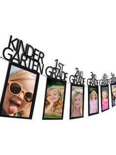 a group of pictures hanging on the side of a metal sign that says kinder garden