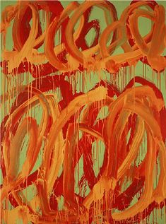 an abstract painting with orange and red colors on green background in the style of brush strokes