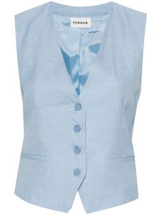 blue V-neck front button fastening sleeveless two front jetted pockets adjustable strap to the rear satin lining Linen Vest, Vest For Women, Pleats Please Issey Miyake, Outerwear Vest, Blue V, Top Designer Brands, High End Fashion, Yoga Wear, Women's Vest