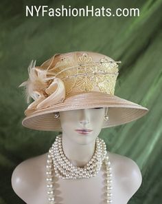 "Ladies Classic Champagne Beige Custom Made Big Brim Satin Formal Embroidered Designer Fashion Hat. This Elegant Dress Hat Is Embellished With A Satin Decorative Bow Embossed With Delicate Small Acrylic Rhinestones Throughout The Bow. Delicate Rooster Hackle Feathers Are Placed Within The Bow. Two Satin Extensions Embedded With Rhinestone Are Added To This Haute Couture Hat For A High Fashion Look. An Embroidered Banana Beige Colored Decorative Wide Trim Is Placed Around The Crown Of This Beauti Braided Dress, Bespoke Hats, Large Brim Hat, Veiled Hats, Beige Hat, Couture Hats, Luxury Hats, Formal Occasion Dress, Bride Hat