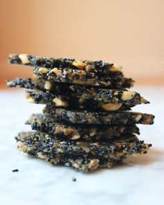 a stack of cookies sitting on top of a white counter