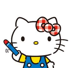 an image of a hello kitty holding a pencil and ballpoint pen in her hand