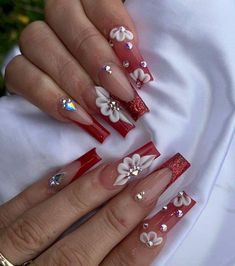 Red Nails For Quinceanera Medium, Christmas Nails 3d Flowers, Soft Nails Acrylic, Red Medium Nails Acrylic, Nails Acrylic Designs Red, Red Acrylic Nail Designs Ideas, Red Acrylic Nails Coffin Designs, Latina Acrylic Nails Red, Black Valentines Day Nails Acrylic