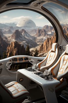 the interior of a futuristic vehicle with mountains in the background