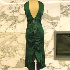 Victor De Souza Designer Dress Silky Satin-Y Deep V Neck For Maximum Cleavage. Sexy And Luxurious, You'll Be Sure To Turn Heads In This Emerald Green Knee Length Dress. Ties Around Neck. Large Sequin Leaf Pattern With Ruching On Front. Never Worn, Tags Still Attached. In Pristine Condition. Green Fitted V-neck Backless Dress, Elegant Green Backless Dress For Night Out, Green V-neck Backless Dress For Evening, Green Sleeveless Backless Evening Dress, Green Backless Evening Dress For Night Out, Backless Green Evening Dress For Night Out, Green V-neck Backless Dress For Night Out, Green V-neck Backless Dress For Party, Green Backless Midi Dress For Cocktail