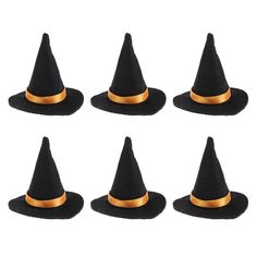 six black witches hats with gold rims