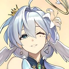 an anime character with blue hair wearing a crown