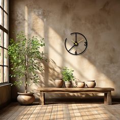 a clock on the wall above a table with potted plants