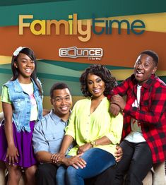 the cast of family time is sitting on a couch in front of a colorful wall