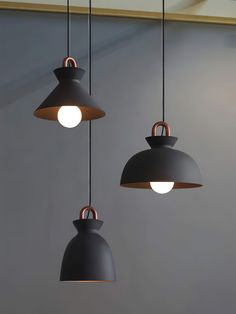 three black lamps hanging from the ceiling