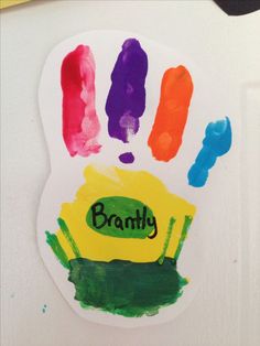 a child's handprint with the word branly painted on it in bright colors