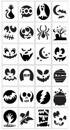 black and white halloween icons are shown in this image, including pumpkins, bats, ghost