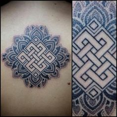 two different tattoos on the back of people's bodies, one with an intricate design