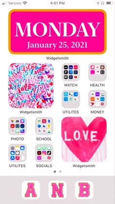 an iphone screen with the words monday on it and icons in different colors, sizes and shapes