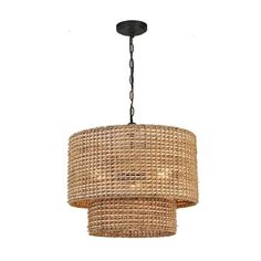 a chandelier hanging from the ceiling with wicker shades on it's sides