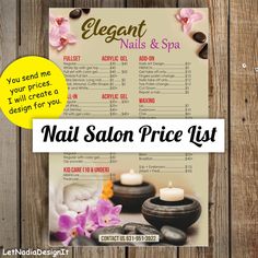 a nail salon price list with candles and flowers on it, next to a wooden background