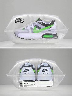 the nike air max white and green sneakers are on display in clear plastic bags,