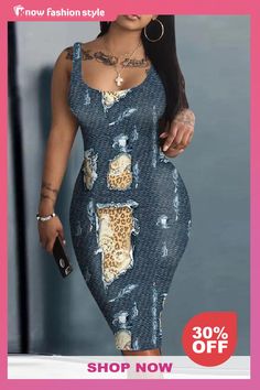 knowfashionstyle Dark Blue Casual Graphics Print Square Neck Sleeveless Vacation Bodycon Midi Tank Dress Blue Bodycon Dress, Midi Tank Dress, Casual Tanks, Sequin Tank, Bodycon Midi, Daily Dress, U Neck, Midi Dress Bodycon, Vest Dress