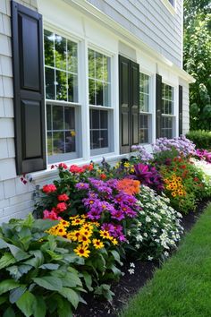 colorful flowers line the side of a house with black shutters and white trimming