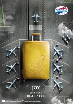 an advertisement for the american airlines showing planes flying in the sky and on top of luggage