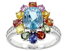 Pre-Owned 1.87ct Oval Apatite With 2.08ctw Multi Sapphire And 0.09ctw White Diamond Rhodium Over 14k White Gold Ring. Measures Approximately 0.68"L x 0.81"W. Not Sizable .  This product may be a customer return, vendor sample, or on-air display and is not in its originally manufactured condition.  It may not be new.  In some instances, these items are repackaged by JTV. Multicolor Oval Gemstone With Center Stone, Oval Multi-stone Blue Topaz Gemstones, Oval Blue Topaz Multi-stone Gemstones, Elegant Multicolor Oval Topaz Ring, Multi Sapphire, Jewelry Clasps, Broken Chain, 14k White Gold Ring, White Gold Ring