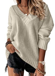 PRICES MAY VARY. Material:EVALESS oversized sweaters for women are made of cozy and soft material,it's comfy against the skin.womens sexy deep v neck sweaters is casual and laid back, perfect as daily wear. Features:women's fall knitted sweaters featuring sexy deep v neck,long sleeve,cable knit,solid color,loose fit style.this fashion pullover tops is made of good quality fabric to ensure you a comfy and cozy feeling.the knitted jumper sweaters is perfect for the chilly months. Match:womens casu Chique Outfit, Oversized Sweater Women, Pull Oversize, Solid Color Sweater, Casual Chique, Winter Pullover, Estilo Chic, Long Sleeve Pullover Sweater, Warm Sweaters